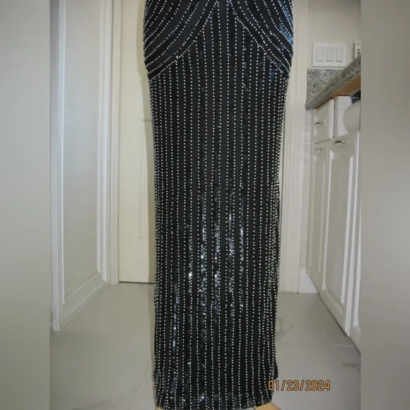 Parker Black Fully Beaded Art Deco Evening Gown Mesh Illusion Maxi Dress Size 4 - Picture 6 of 14